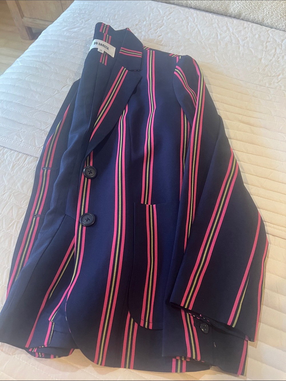 BB Dakota Navy Blazer with Pink and Green Stripe Detailing